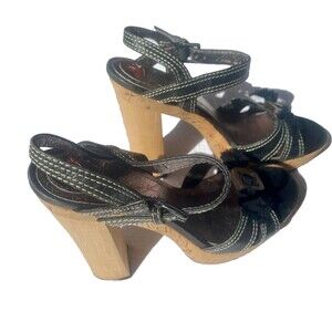 Sean L Faryl Robin Leather Strappy Heels Women’s Size 6 1/2 M Rockstar Cork Wood